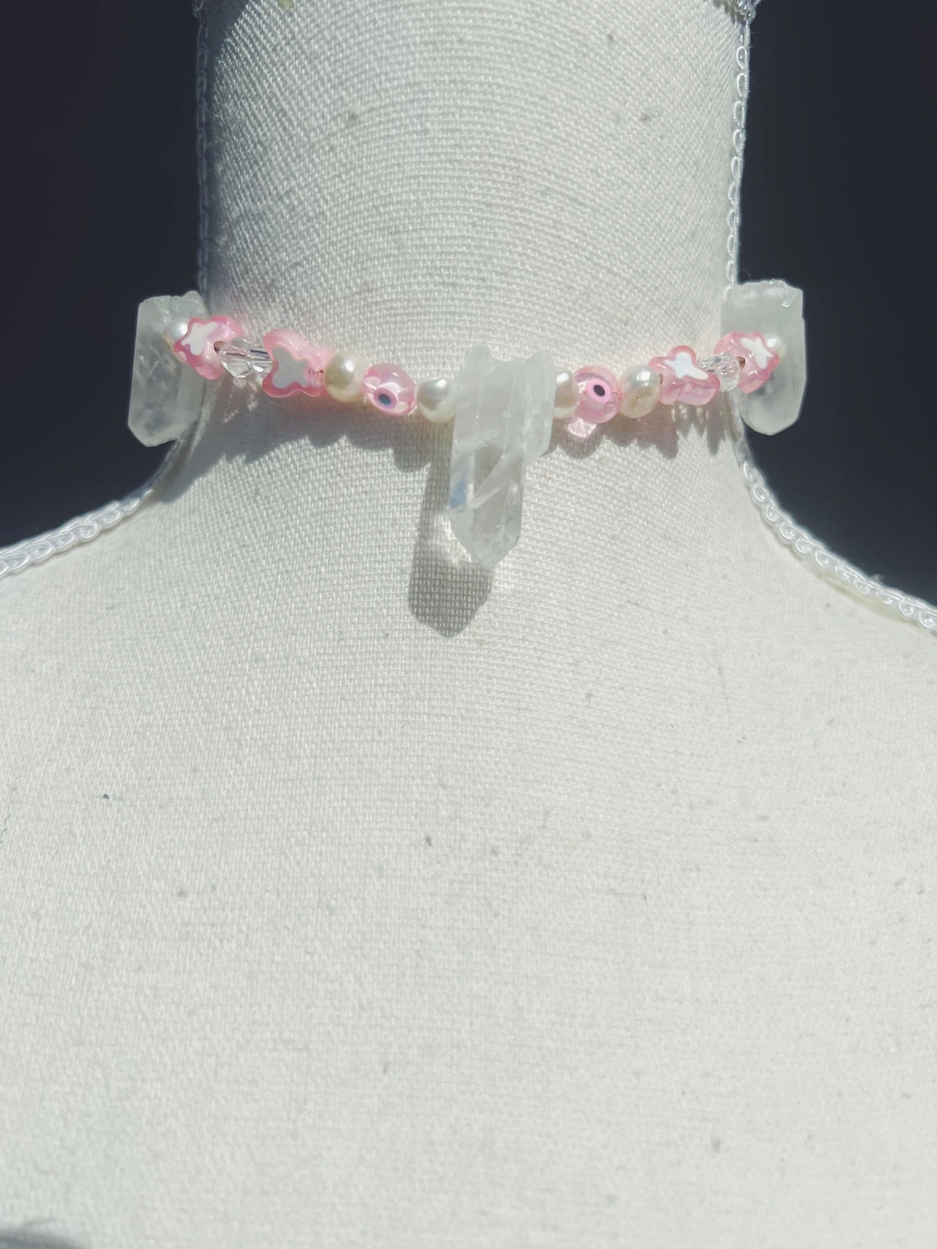 Pink Butterfly Quartz Pearl Choker