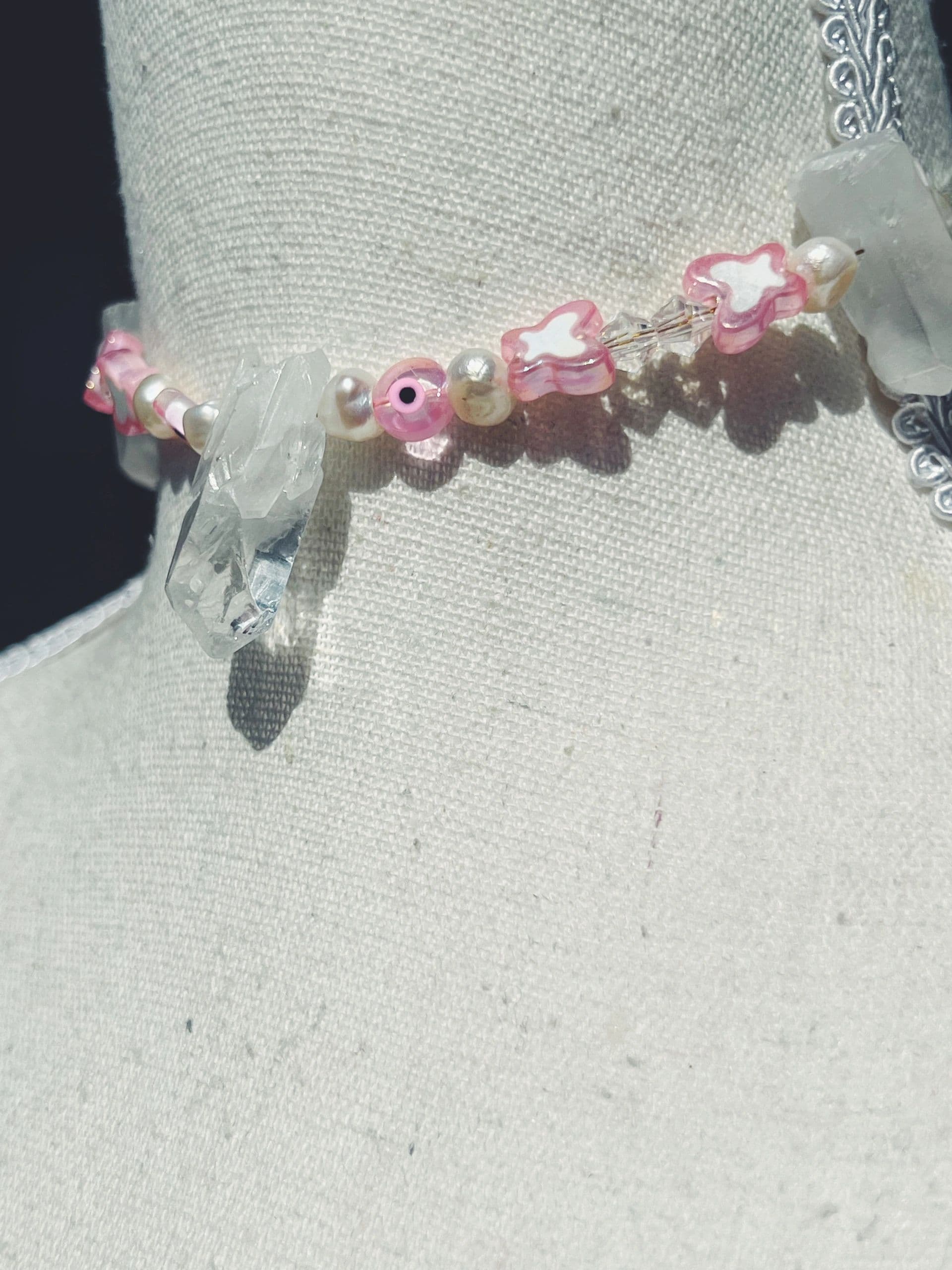 Pink Butterfly Quartz Pearl Choker view 2