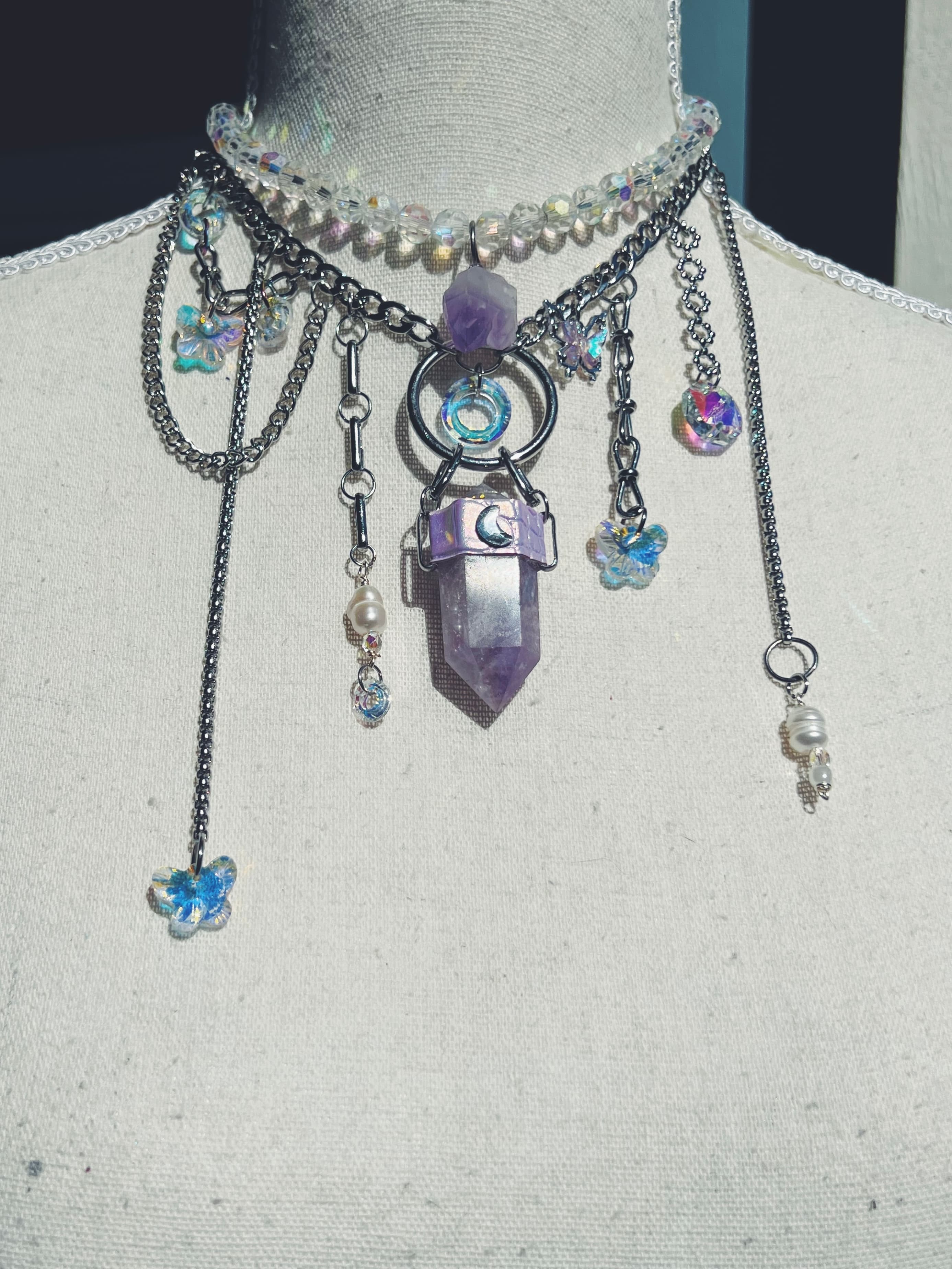 Double Terminated Amethyst Moon Necklace Stack