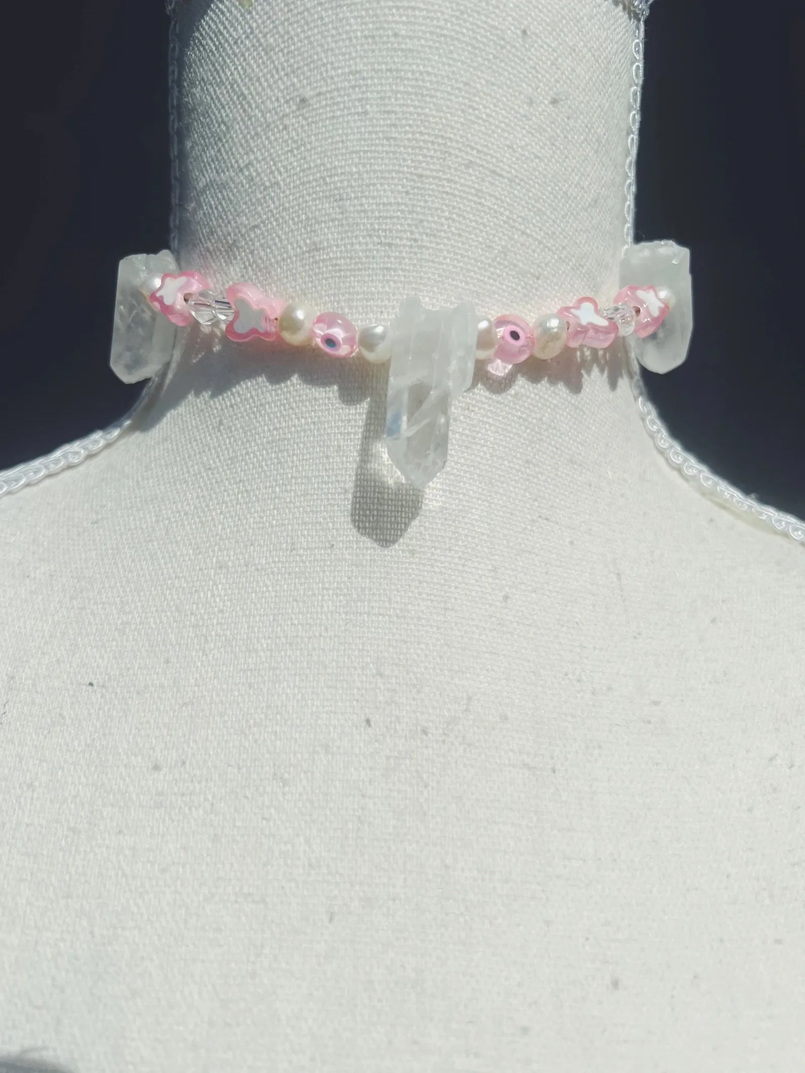 Pink Butterfly Quartz Pearl Choker