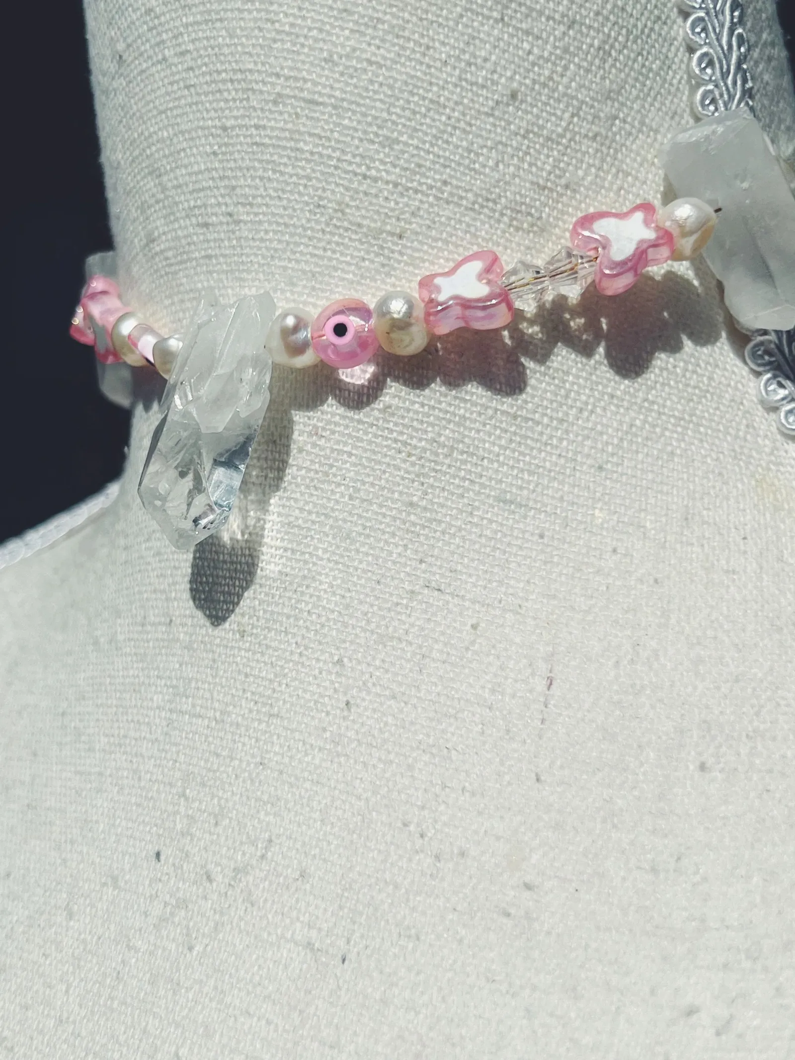 Pink Butterfly Quartz Pearl Choker view 2